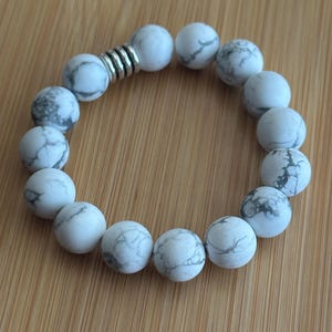 Matte Howlite bracelet, 12mm beaded gemstone elastic bracelet, approx. 7.5in.