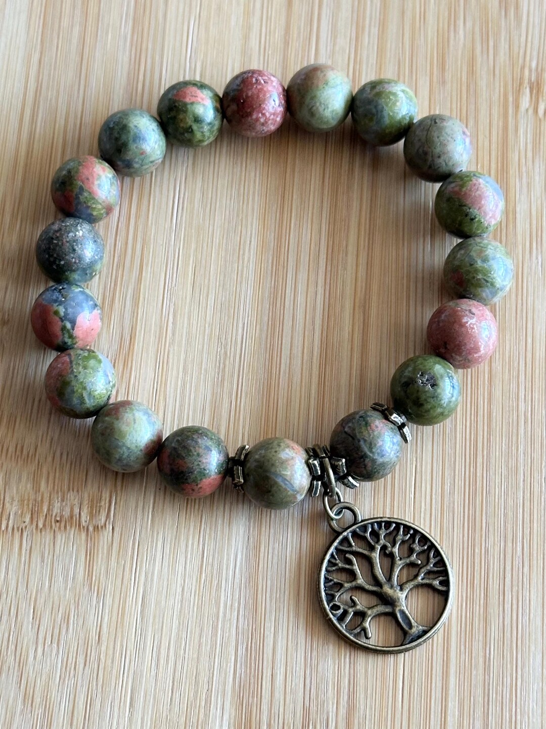 Unakite Tree of Life Charm Bracelet, 10mm Beaded Gemstone Elastic ...