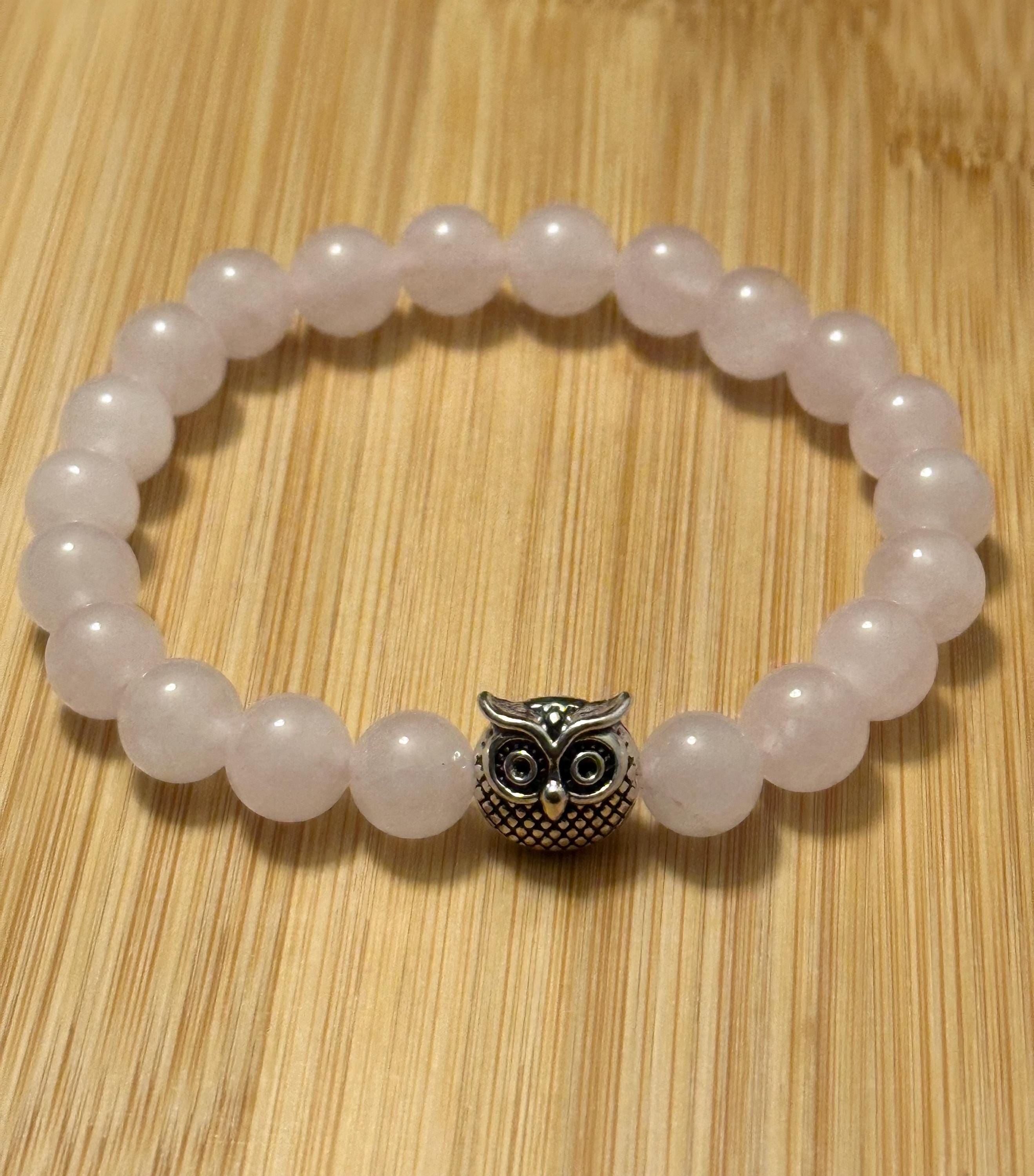 Rose Quartz Owl bracelet, 8mm beaded gemstone elastic bracelet, approx. 7 inches.