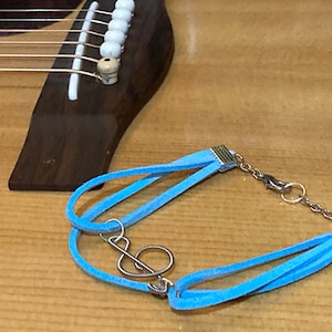 Colored Suede Treble Clef Bracelet Deluxe (Repurposed Guitar String)