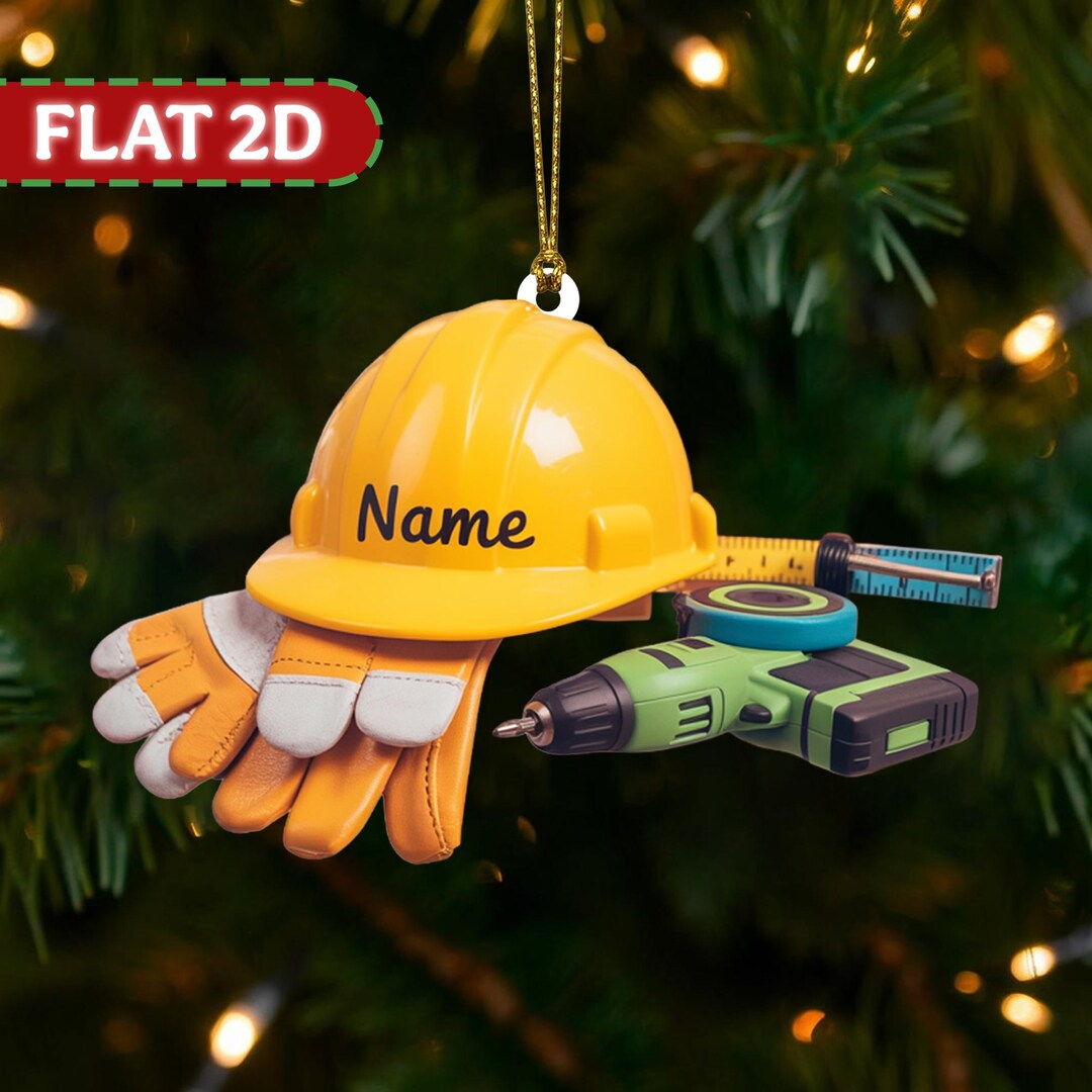 Personalized Construction Worker Ornament – Flat 2D Hard Hat & Tools ...