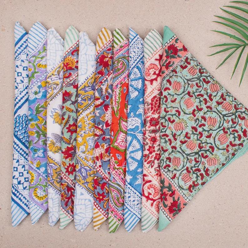 Set Of 10 Colorful Cotton Bandanas, Hand Block Printed Scarf For Summer, Unisex Wrap For Hair, Travel Bandanas, Hipster Accessories