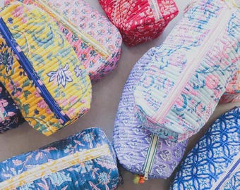 Vintage Indian block Print Large Toiletry Bag, Colorful Make Up Bag Quilted Fabric Cosmetic Bag Toiletry Travel Pouch