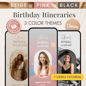 Set of 3 Digital Birthday Itinerary Templates – Beige, Pink, Black Editable and Personalized in free Canva, Birthday trip itinerary planner