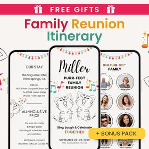 Digital Family Reunion Itinerary + Family Reunion Invitation Template, Personalized easy to edit mobile & ready to print for cat lovers