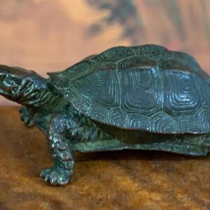 May include: A detailed bronze-colored turtle figurine. The turtle has a textured shell and detailed legs and head. The figurine is a decorative item, likely for display.