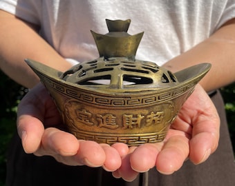 Brass Yuanbao Incense Burner Vintage Wealth Censer Home Decor