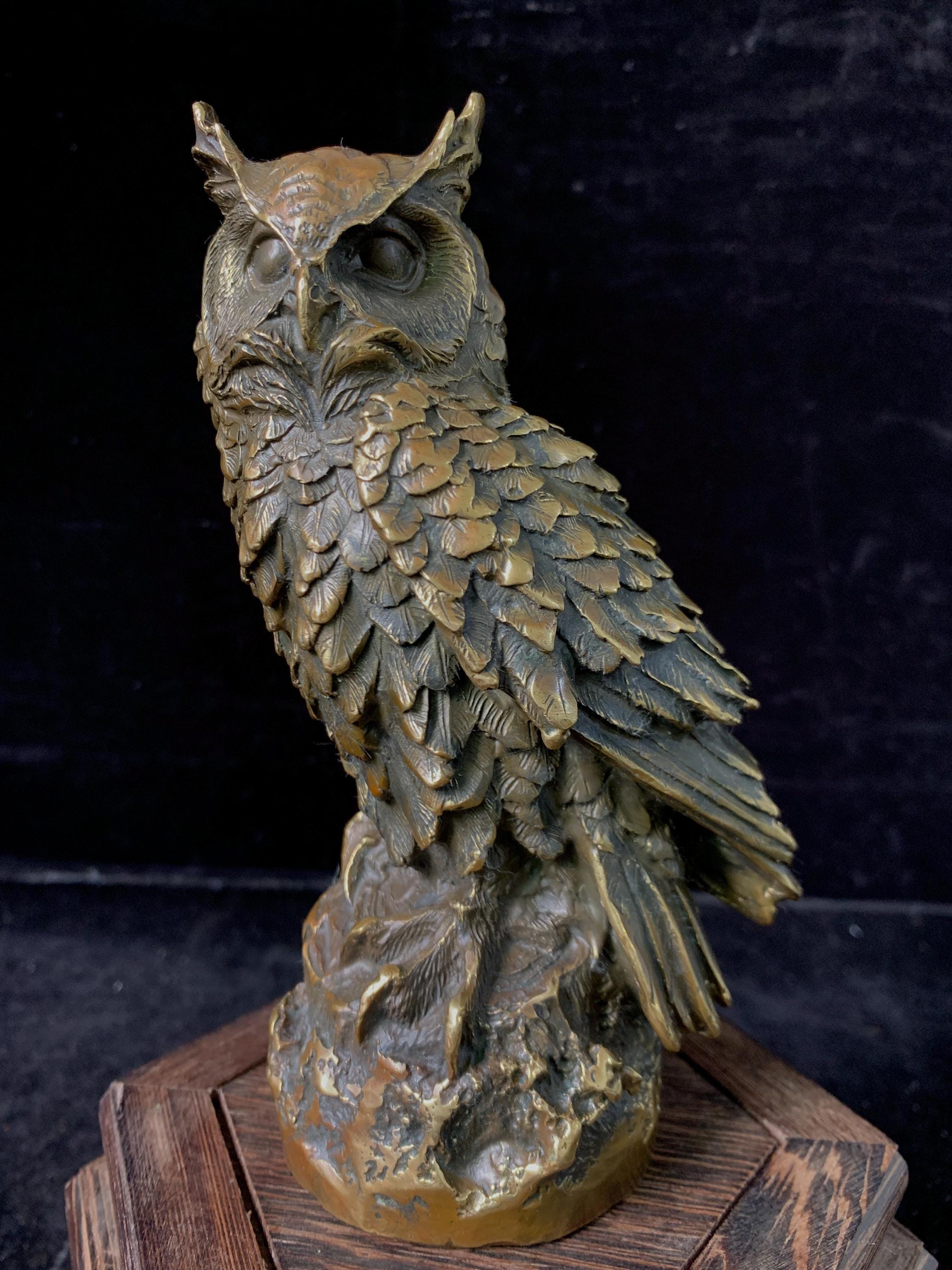 Vintage Bronze Owl Statue Detailed Feather Bird Figurine Wildlife Home Decor