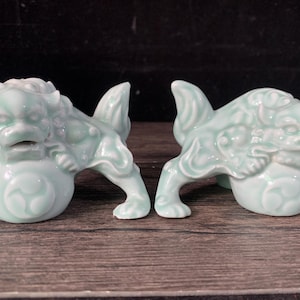 Pair Celadon Ceramic Foo Dog Statues Guardian Lion Desktop Feng Shui Decor Housewarming Gift Set
