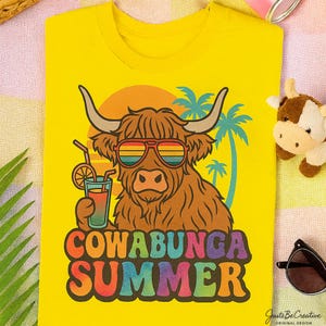 Cowabunga Summer PNG – Funny Highland Cow Sublimation Design, Retro Beach Vibes Clipart for T-Shirt, Cute Summer PNG Download