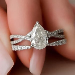 Conjunto de anillo de compromiso con moissanita talla pera y vástago retorcido, anillo apilable de plata 925 con extremo abierto, anillo con halo oculto, ideal para regalo de aniversario.