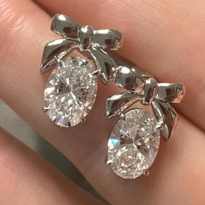 Beautiful Bow Knot On Top of Oval Cut Moissanite Diamond, 925 Silver Stud Earrings Single Diamond Wedding Wear With Earrings, Gift For Her