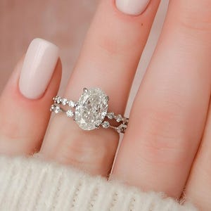 Hidden Halo Oval Cut Moissanite Diamond Engagement Ring Set, Stackable Solitaire With Accent Matching Band 925 Silver, Rings For Her