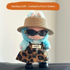 Labubu Doll Outfit – Designer-Inspired Leopard Dress Set with Hat, Glasses &FIRST FIVE FREE Necklace – Fits 1st to 3rd Gen Labubu