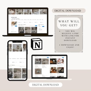 May include: A digital download graphic featuring a laptop, smartphone, and tablet displaying a website interface. The image includes the text "DIGITAL DOWNLOAD" and "WHAT WILL YOU GET?" with bullet points about receiving a PDF with a download link.