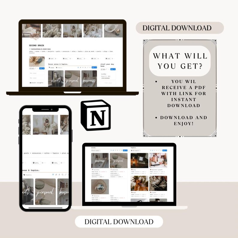 May include: A digital download graphic featuring a laptop, smartphone, and tablet displaying a website interface. The image includes the text "DIGITAL DOWNLOAD" and "WHAT WILL YOU GET?" with bullet points about receiving a PDF with a download link.