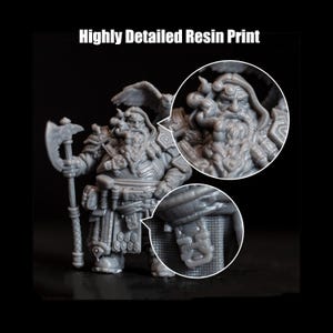 May include: A detailed resin print of a fantasy dwarf warrior, holding an axe and wearing armour. The figure has a long beard and is shown with close-up details of the face and belt buckle. The text "Highly Detailed Resin Print" is at the top.