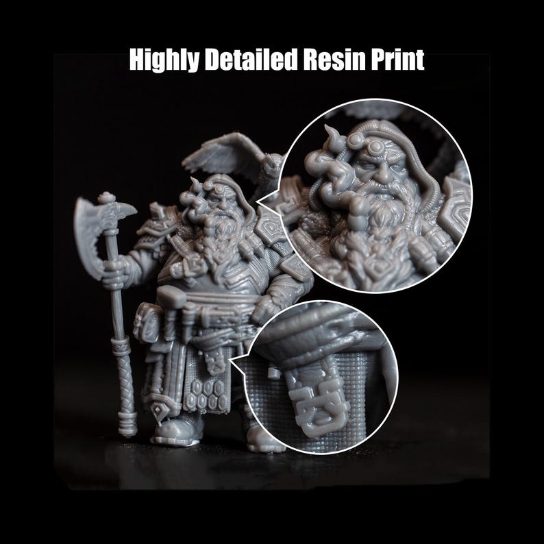 May include: A detailed resin print of a fantasy dwarf warrior, holding an axe and wearing armour. The figure has a long beard and is shown with close-up details of the face and belt buckle. The text "Highly Detailed Resin Print" is at the top.