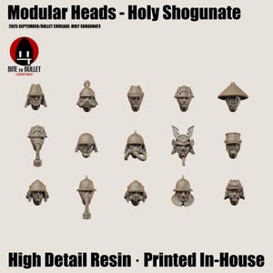Puede incluir: Una colección de cabezas modulares en varios diseños, incluyendo cascos y máscaras. Se muestra el texto "Modular Heads - Holy Shogunate" y "High Detail Resin - Printed In-House". La imagen presenta un logotipo con una forma negra y las palabras "Bite the Bullet".