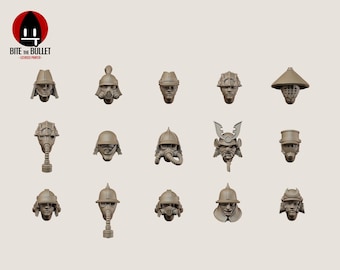 May include: A selection of modular heads with diverse designs, such as helmets and masks. The image includes the text "Modular Heads - Holy Shogunate" and "High Detail Resin - Printed In-House". A logo with a black shape and the words "Bite the Bullet" is also visible.