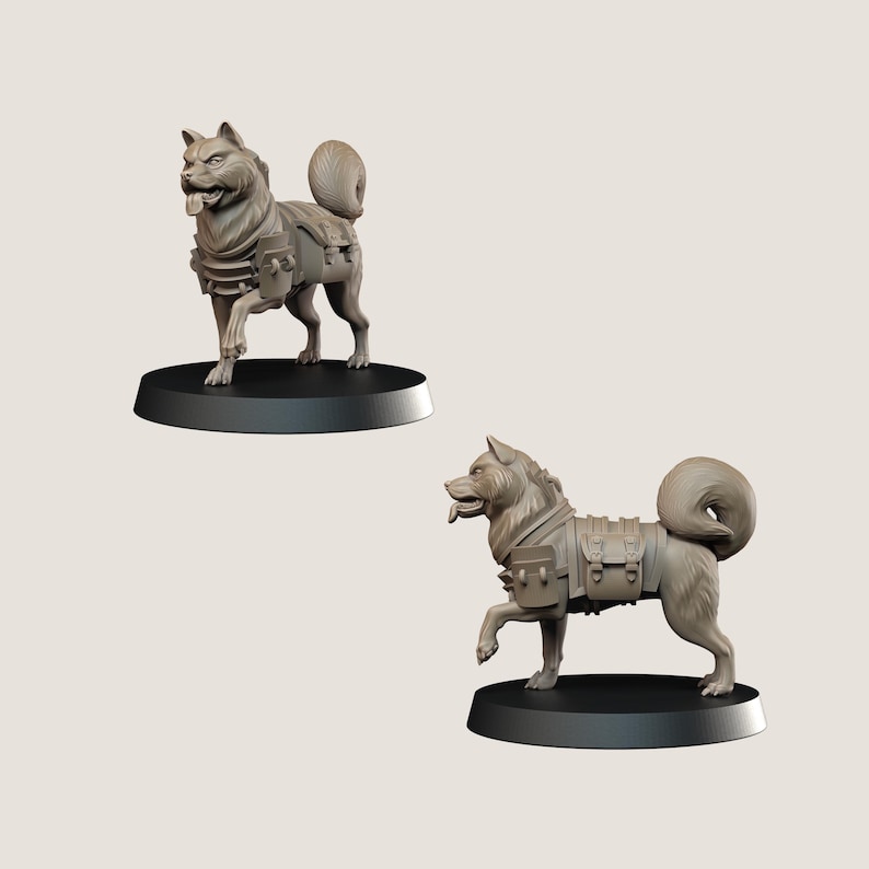May include: Two grey dog figurines, each on a black circular base. The dogs have detailed fur, open mouths, and wear tactical vests with pouches. One dog is mid-stride, the other is standing.