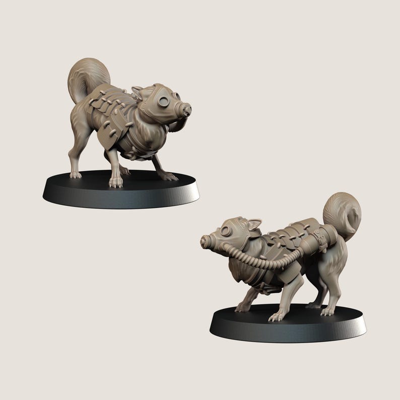 May include: Two miniature figurines of a dog-like creature with a gas mask and armour. The figurines are light brown and stand on black circular bases. The creature has a curled tail and a detailed, mechanical design.