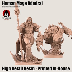 以下が含まれることがあります： 杖を持ったHuman Mage Admiralのベージュ色の樹脂製フィギュア。詳細なデザイン。フィギュアには、2番目の抽象的なフィギュアが付属しています。「Human Mage Admiral」と「High Detail Resin」の文字が見えます。