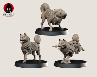 Pode incluir: Três figuras detalhadas em resina de cães de combate. Os cães estão em várias poses de ação, cada um com armadura e armas. O texto "Combat Dogs - Holy Shogunate" e "High Detail Resin - Printed In-House" são visíveis.
