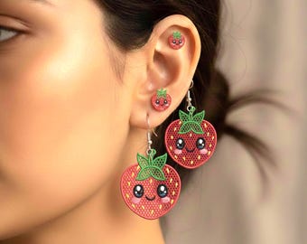 Pendientes colgantes y de botón únicos de fresa FSL con bordado, 3 tamaños (descarga instantánea)