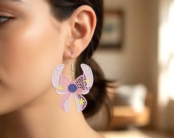 FSL Stitch Bow Pink Embroidered Dangle Earrings Embroidery Designs Instant Download 3size