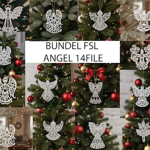 May include: A collection of white, lacy angel ornaments hanging on Christmas trees. The angels have various designs and are adorned with gold halos. Red and gold ornaments decorate the trees. The text "BUNDEL FSL ANGEL 14FILE" is in the center.