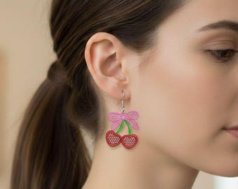 FSL Pink Bow Cherry Sweet Summer Accessory Earrings Embroidery Designs Instant 3 size Download