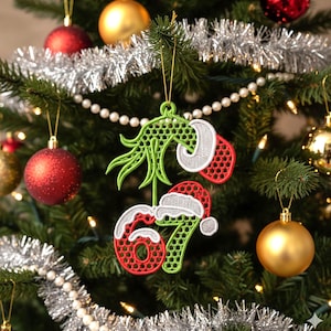 Diseño de bordado de adorno navideño del Grinch de FSL Six Seven: Pendientes del Grinch en 3 tamaños (Descarga digital)