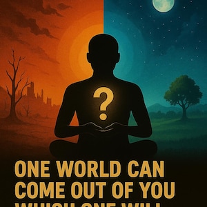 Può includere: Illustrazione di una persona che medita con un punto interrogativo sulla schiena. Lo sfondo è diviso, con un lato arancione infuocato e un lato blu stellato. Il testo recita: "ONE WORLD CAN COME OUT OF YOU WHICH ONE WILL YOU CHOOSE?"