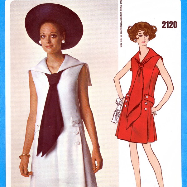 Vogue Americana 2120 Vintage 60s Sewing Pattern by Teal Traina for Misses' Dress with Sailor Collar - Uncut - Size 8 - Bust 31.5