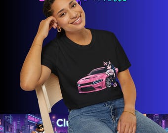 Pinkes Muskelauto mit .mercy Einhorn T-Shirt | Wählen Sie Ihren Vibe Rückendruck