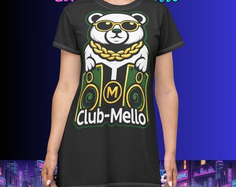 Club-Mello Ghettoblaster Bär T-Shirt Kleid | DJ Streetwear Outfit | Musikliebhaber-Grafik-Kleid | Festival Konzert Tee Kleid | Schwarz