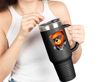 Taza térmica de viaje de 1,2 litros (40 oz) con diseño de oso DJ con auriculares.