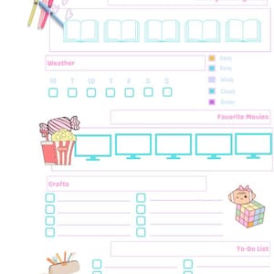 May include: A pastel-colored weekly planner with sections for reading goals, weather, favorite movies, crafts, and a to-do list. Includes illustrations of books, a popcorn and drink, and a pencil. The text "Week of fun" is at the top.