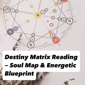 Könnte beinhalten: Ein weißes Papier mit einem farbenfrohen geometrischen Diagramm, nummerierten Kreisen und Verbindungslinien. Der Text "Destiny Matrix Reading - Soul Map & Energetic Blueprint" befindet sich unten. Kerzen, Kristalle und Trockenblumen umgeben das Papier.