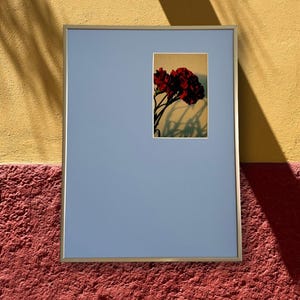 May include: A rectangular wall art piece featuring a light blue mat board inside a thin metallic frame. A small, centered rectangular print displays a cluster of deep red carnations with visible stems and dark shadows against a light background.