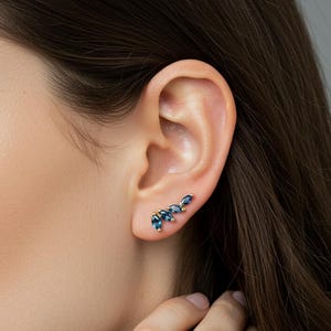 Climber Stud Earrings, Tiny Blue Sapphire Diamond Earrings, 925 Silver Marquise Cut Climber Earrings, Cartilage Stud Earrings For Women