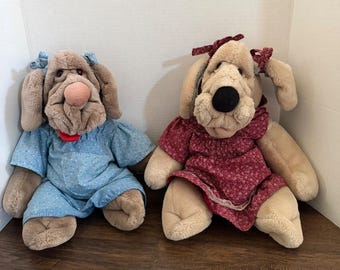 2- Ganz Wrinkles Dog Hand Puppet Plush 18" Floral Outfit Vintage 1980s Soft toy