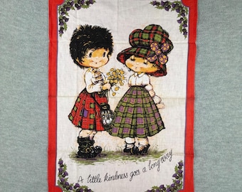 Vintage Vista Tea Towel Red Scottish Kindness Cotton Made in Britain MCM 1970 's