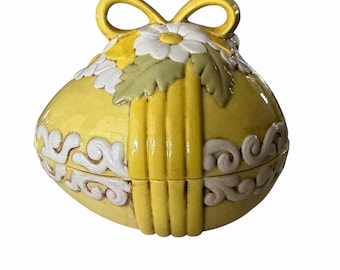 Vintage Atlantic Mold Hand Painted Ceramic Easter Egg Candy Dish Bowl Yellow Bow