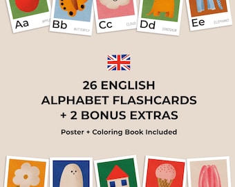 Puede incluir: Un juego de 26 tarjetas didácticas del alfabeto inglés más 2 extras, con ilustraciones como manzana, mariposa, nube, dinosaurio, elefante, flor, fantasma, casa, helado y gelatina. Texto: 26 ENGLISH ALPHABET FLASHCARDS + 2 BONUS EXTRAS. Poster + Coloring Book Included.