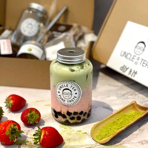 Handmade Boba with Strawberry Matcha Milk Tea DIY KIT 8+ with Reusable Glasses Bubble Hole bottle and Stainless Steel Straws, Best Present