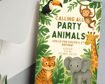 May include: A birthday invitation with a jungle theme. The invitation features a toucan, monkey, giraffe, tiger, and elephant. Text reads "CALLING ALL PARTY ANIMALS" and includes party details. An envelope is visible in the background.