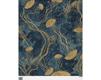 Gold Jellyfish Nautical Wrapping Papers | Navy Ocean Seaweed Gift Wrap