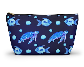 Sea Turtle Pouch, Watercolor Ocean Life Zipper Bag, Marine Travel Organizer